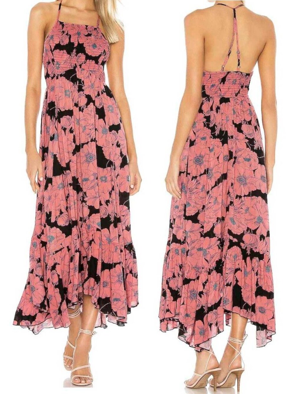Free People Womens Heatwave Black Combo Pink Floral Printed Maxi Dress M